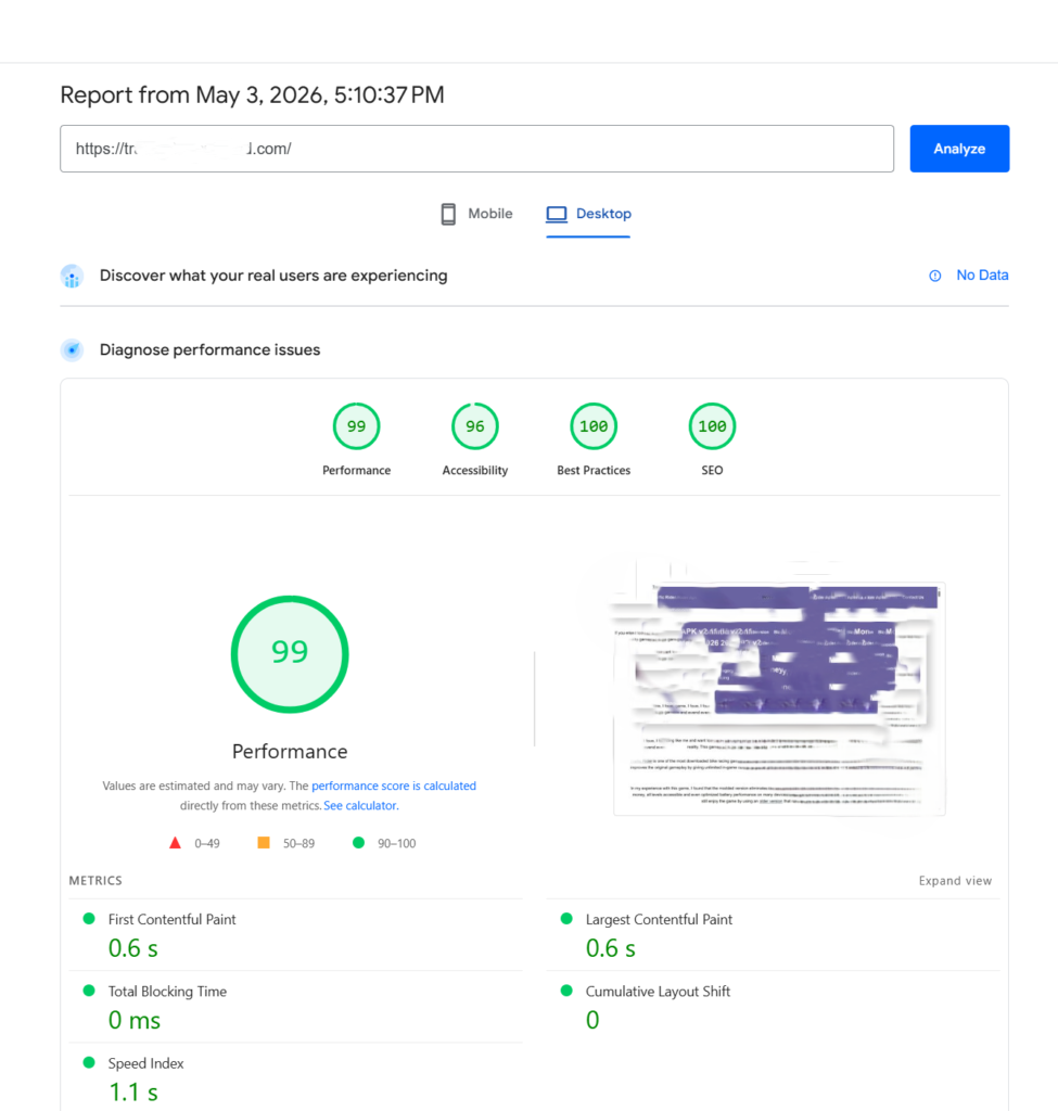 Google PageSpeed desktop report with 99 performance score and improved Core Web Vitals metrics