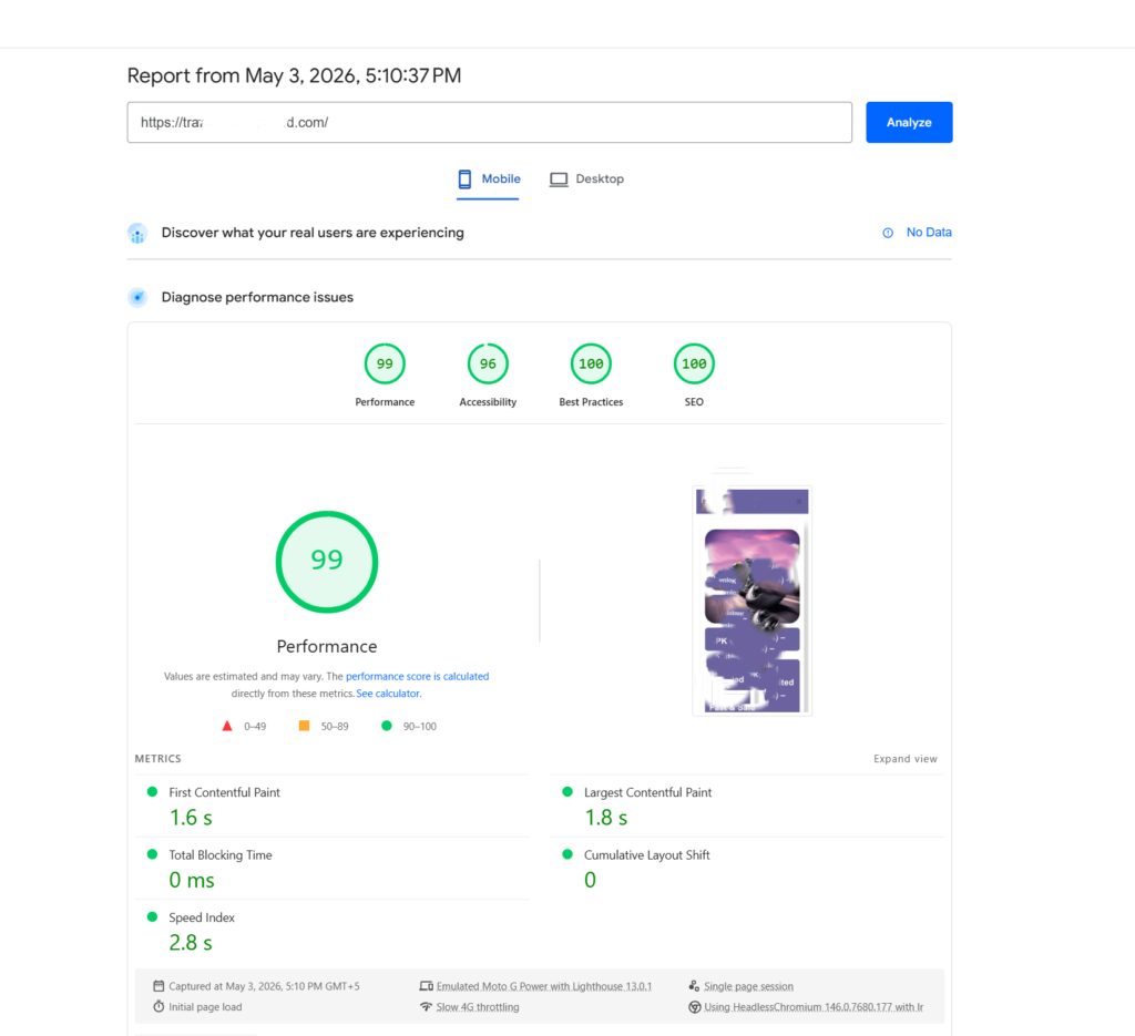 Mobile PageSpeed Insights results showing performance score 99 with optimized Core Web Vitals including 1.6s FCP 1.8s LCP and 0ms TBT