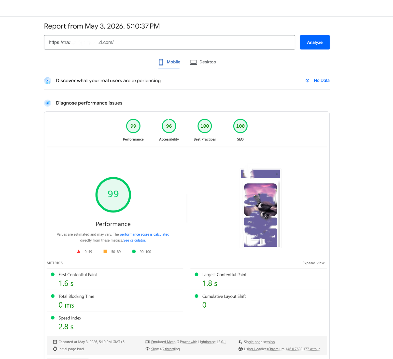 Mobile PageSpeed Insights results showing performance score 99 with optimized Core Web Vitals including 1.6s FCP 1.8s LCP and 0ms TBT