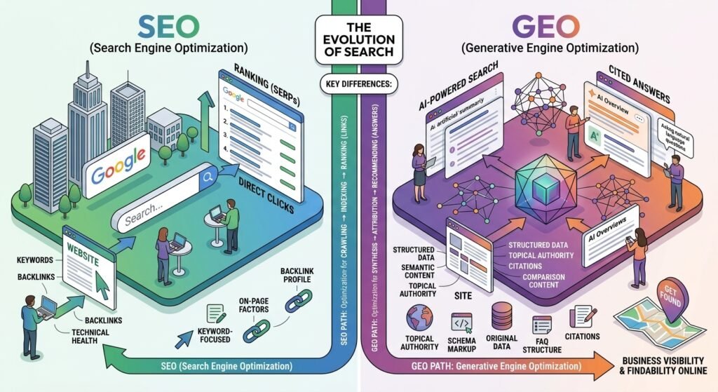 Infographic illustrating the differences between traditional SEO and Generative Engine Optimization (GEO), showing how search has evolved from ranked link results and backlinks to AI-generated answers, citations, and structured topical authority.