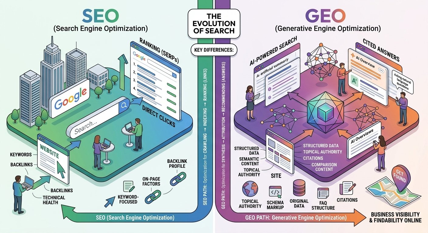Infographic illustrating the differences between traditional SEO and Generative Engine Optimization (GEO), showing how search has evolved from ranked link results and backlinks to AI-generated answers, citations, and structured topical authority.