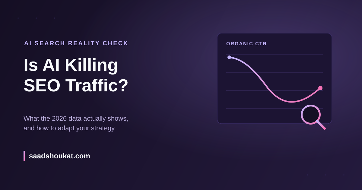 Line chart falling then leveling off beside a search icon, illustrating AI Overviews and organic SEO traffic in 2026
