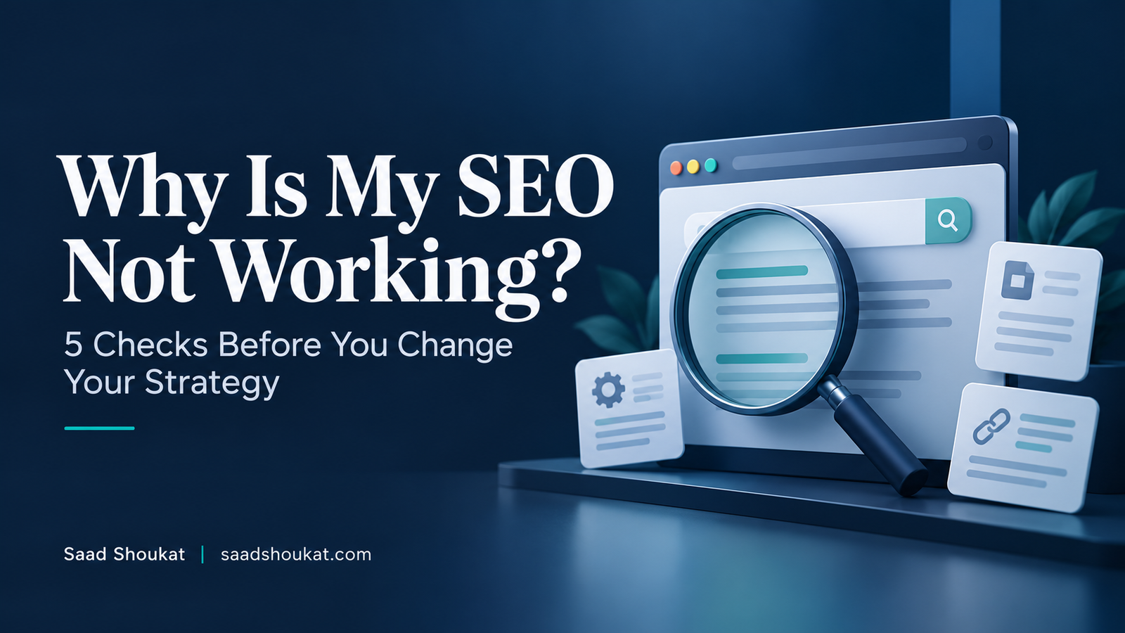 - Navy and teal illustration of a website and magnifying glass with the heading “Why Is My SEO Not Working?”