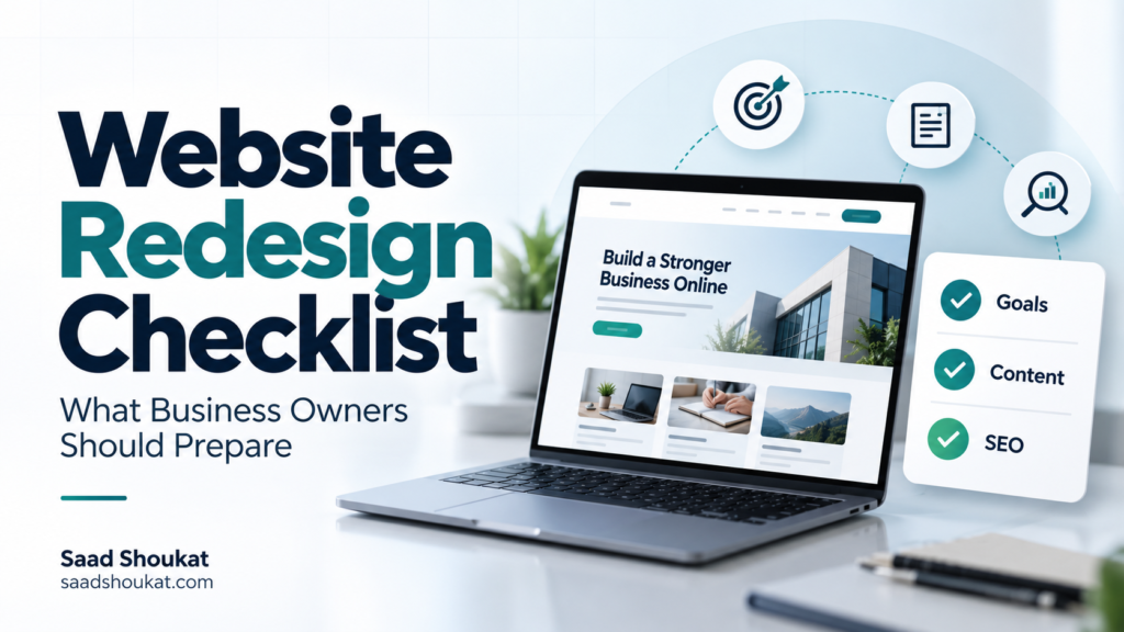 Website redesign checklist featuring a laptop and a planning card for goals, content, and SEO.