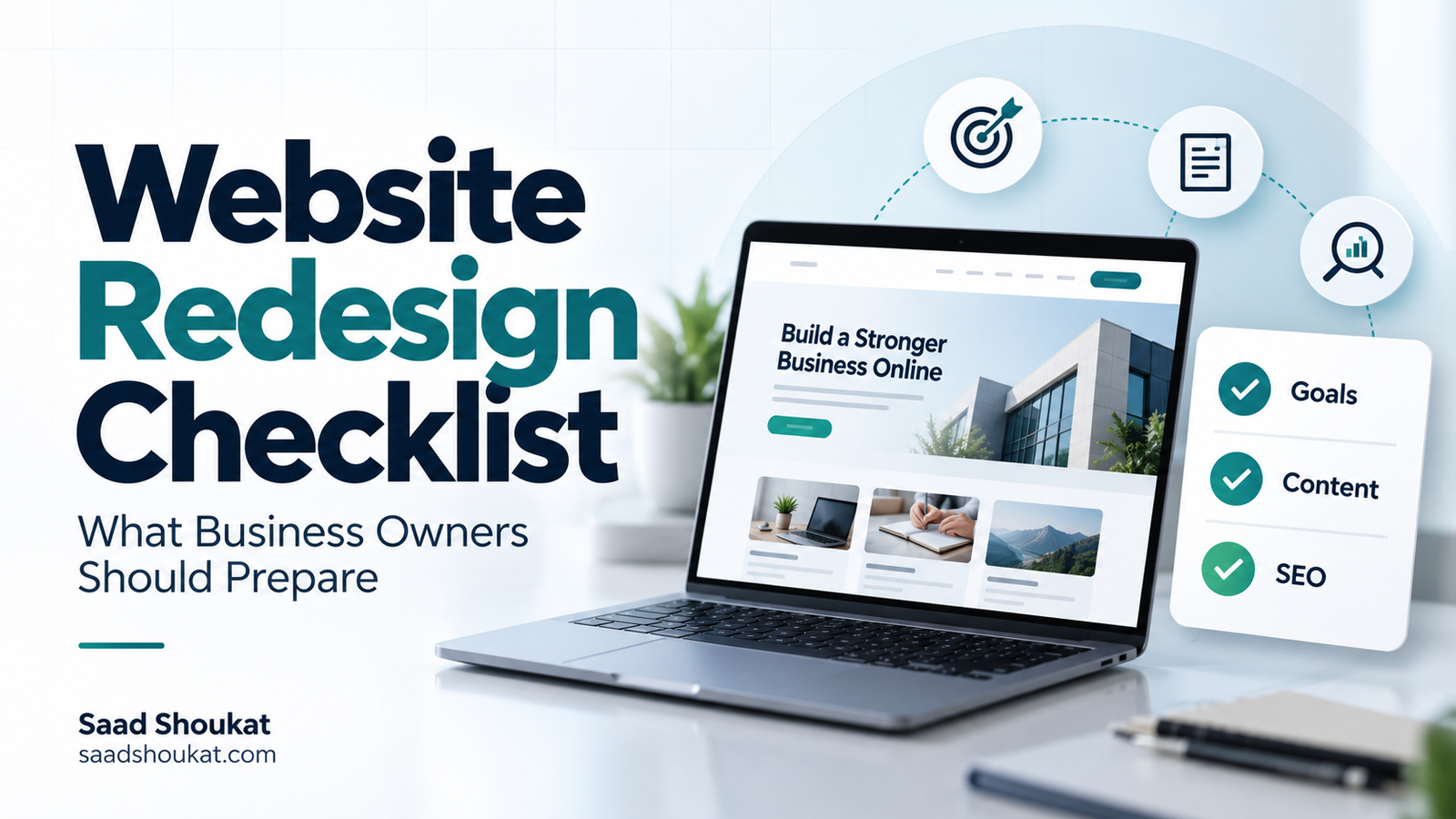 Website redesign checklist featuring a laptop and a planning card for goals, content, and SEO.