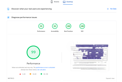Google PageSpeed desktop report with 99 performance score and improved Core Web Vitals metrics