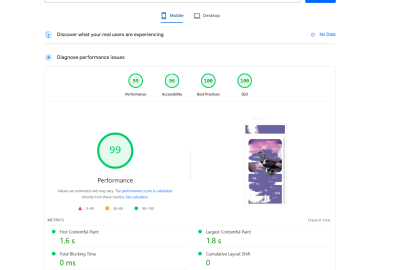 Mobile PageSpeed Insights results showing performance score 99 with optimized Core Web Vitals including 1.6s FCP 1.8s LCP and 0ms TBT